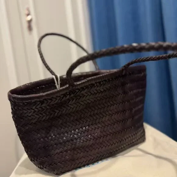 Dragon Diffusion Triple Jump Small Woven Leather Tote Dark Brown Basket Bag - Picture 9 of 11